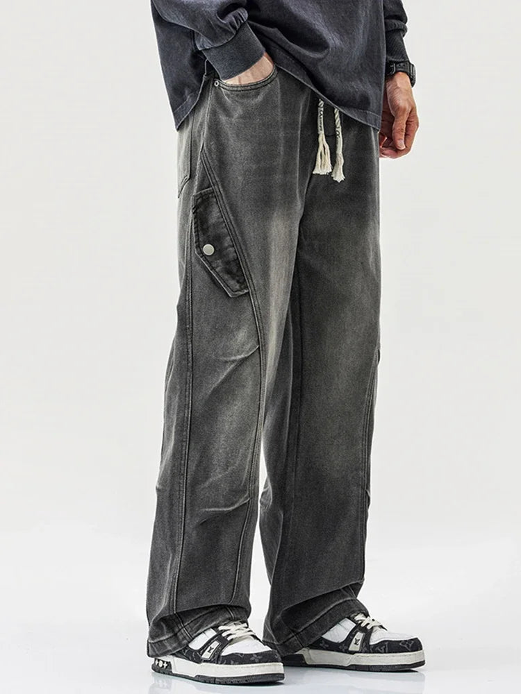 2025 new hip hop multi pockets straight jeans for men high street cargo denim pants spring y2k vintage distressed baggy jean unique cargo style 3373
