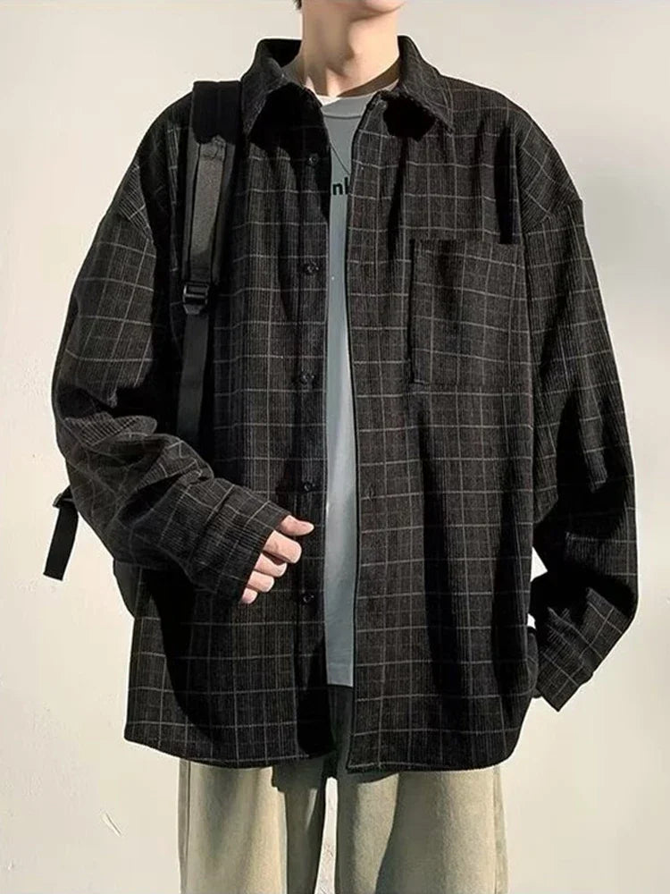 Streetwear Autumn Long Sleeve Corduroy Plaid Shirt Mens High Street Retro Casual Autumn Long Sleeve Corduroy Plaid Shirt Mens High Street Retro Casual Social Blouses Korean Fashion Loose Y2K Tee Shirts Fashion Sweater Jacket With Graphic Design For Men