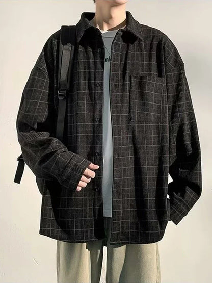 Streetwear Autumn Long Sleeve Corduroy Plaid Shirt Mens High Street Retro Casual Autumn Long Sleeve Corduroy Plaid Shirt Mens High Street Retro Casual Social Blouses Korean Fashion Loose Y2K Tee Shirts Fashion Sweater Jacket With Graphic Design For Men