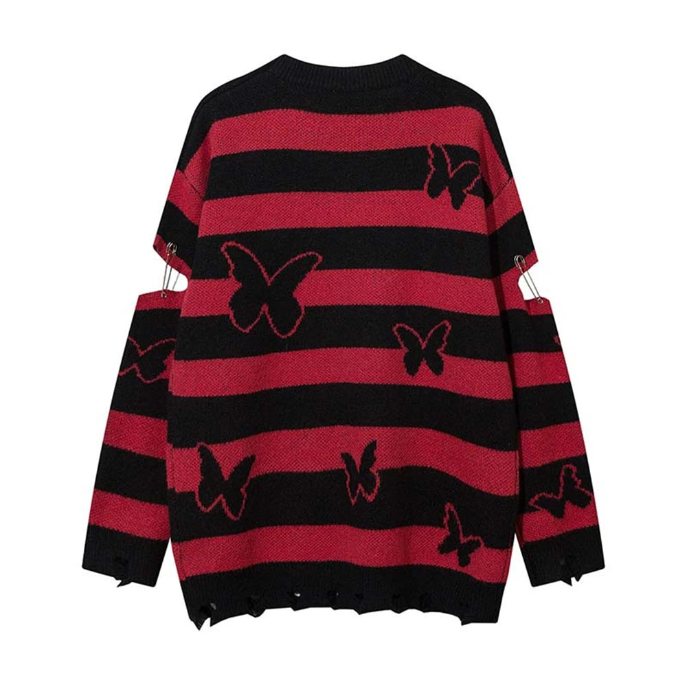 2023 Hip Hop Striped Knitted Sweater Streetwear Butterfly Graphic Distressed Ripped Pullover Men Harajuku Casual Knitwear Unisex Street King Limited