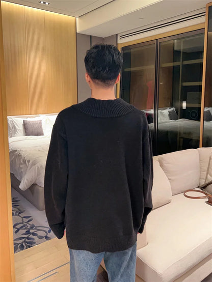 New Men's Scarf Collar Striped V-neck Sweater Female Long Sleeve Autumn Knitted Jumpers Korean Fashion Y2K Patchwork Knitwear Street King Limited