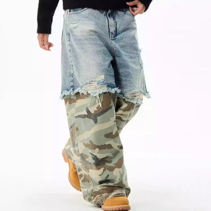 Camouflage Patchwork Jeans Mens Fake Two Items Street Punk Unisex Denim Pants Multiple Pockets Blue Size S-3XL Cowboy Trousers Street King Limited