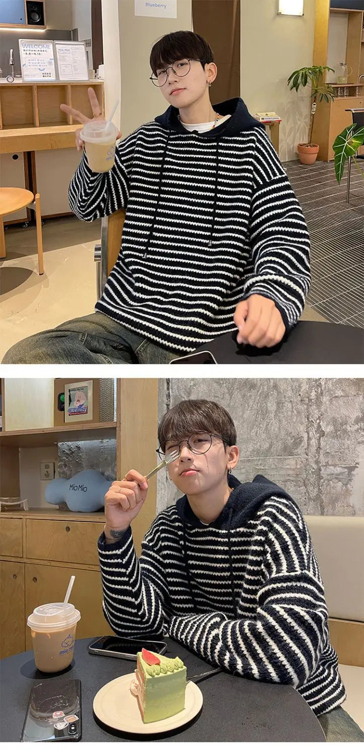 Y2K Striped hooded sweater for men and women autumn and winter American retro trend couple lazy loose and casual knitted top Street King Limited
