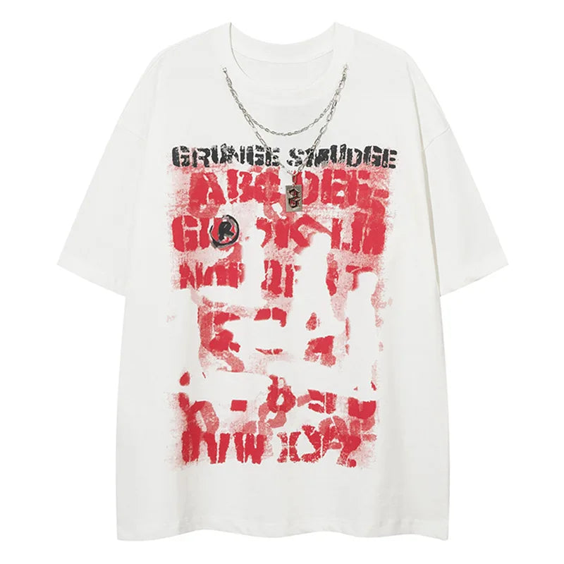 Men Short Sleeve T Shirts Blurred Letter Printed Round Neck Tshirt American Street Hip Hop Necklace Tees Unisex Loose Summer Top Street King Limited