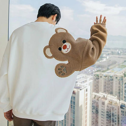 Long-sleeved Round Neck Sweater Lamb Hair Embroidery Flocking Sweater Loose Warm Winter Men's Bear Street King Limited