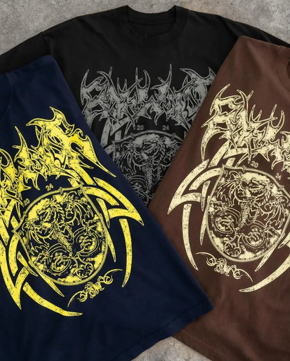 American Trendy Gothic Dragon Letter Printed Oversized T-Shirt Men's 2024 Streetwear Fashion Loose Round Neck Short Sleeve Top Street King Limited