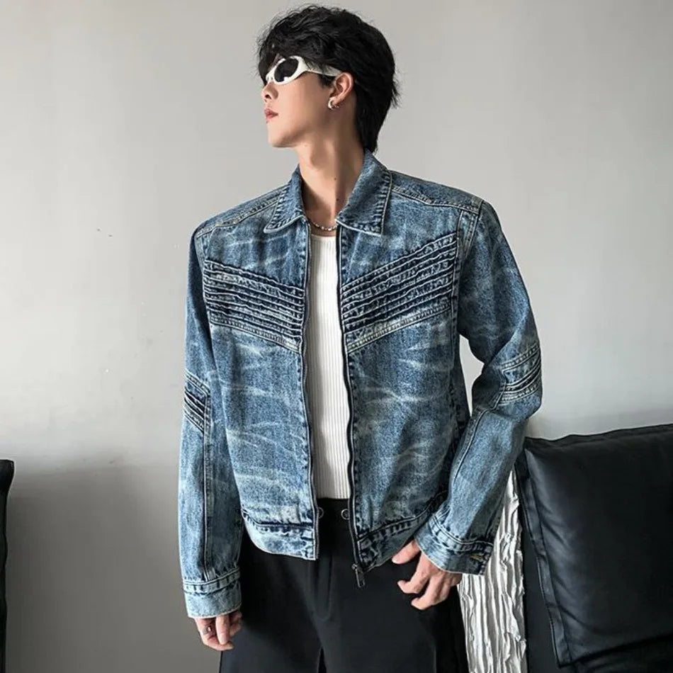 vintage washed mens denim jacket heavy weight high street contour pleat design cowboy coats short motorcycle hip hop outwear unique jeans style 3695