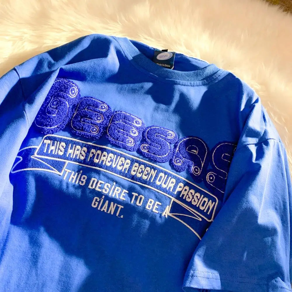 Retro Klein Blue Flocking Embroidery T Shirts Fashion Preppy Oversized Short Sleeve Tops 2022 Summer Large 3XL Casual Men Women Street King Limited