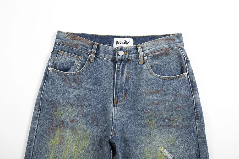 green painted hole washed blue baggy jeans mens streetwear distressed casual loose denim trousers ropa hombre frayed cargo pants unique cargo style 4330