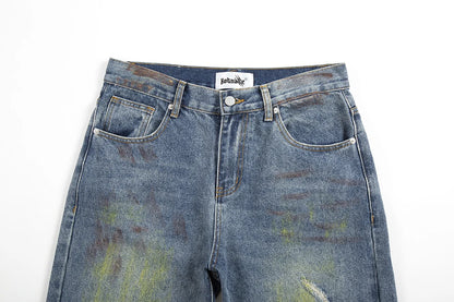 green painted hole washed blue baggy jeans mens streetwear distressed casual loose denim trousers ropa hombre frayed cargo pants unique cargo style 4330