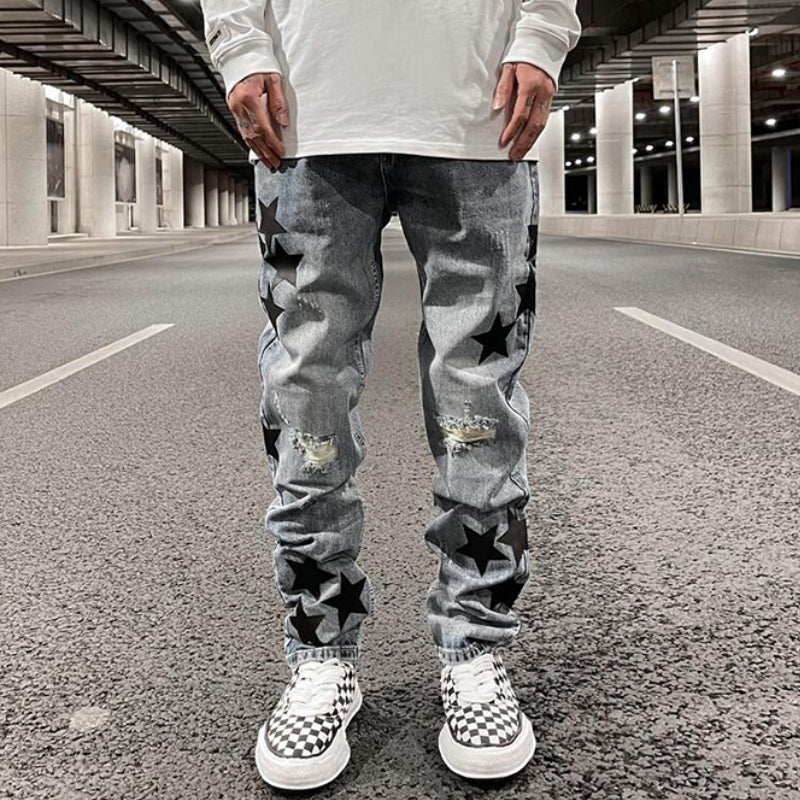 fashion ripped destroied jeans trousers distressed biker jeans with stars high street slim pants joggers denim jeans for men unique joggers style 2242