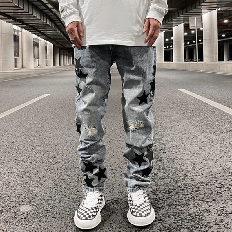 fashion ripped destroied jeans trousers distressed biker jeans with stars high street slim pants joggers denim jeans for men urban active pants