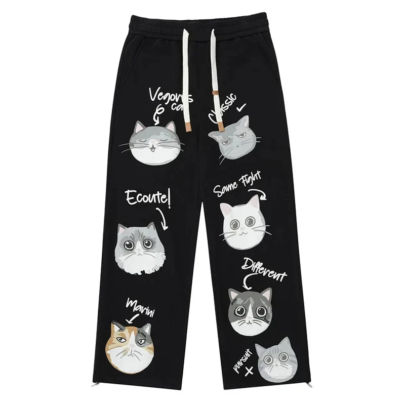 Men Sweatpants Cartoon Cat Printed Sports Casual Baggy Pants American Retro Versatile Straight Wide Leg Trousers Unisex Street King Limited