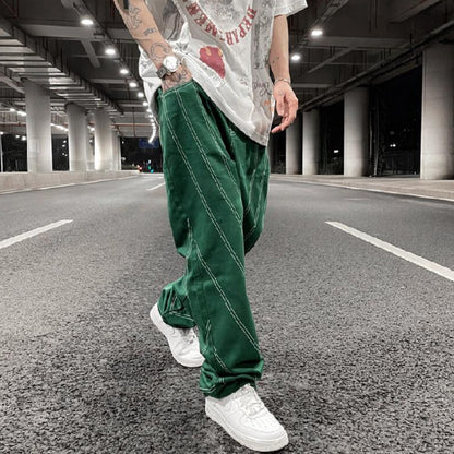 fashion design lines denim jeans mens zipper loose straight trousers hip hop new casual streetwear pants joggers baggy jeans unique joggers style 418
