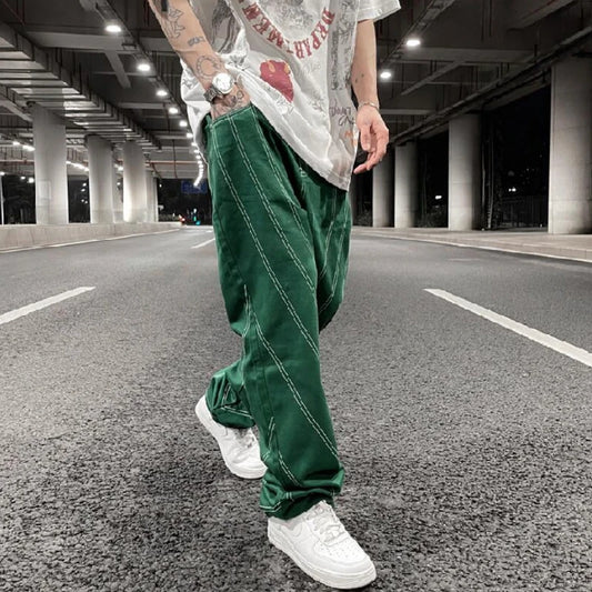 fashion design lines denim jeans mens zipper loose straight trousers hip hop new casual streetwear pants joggers baggy jeans sporty tapered joggers