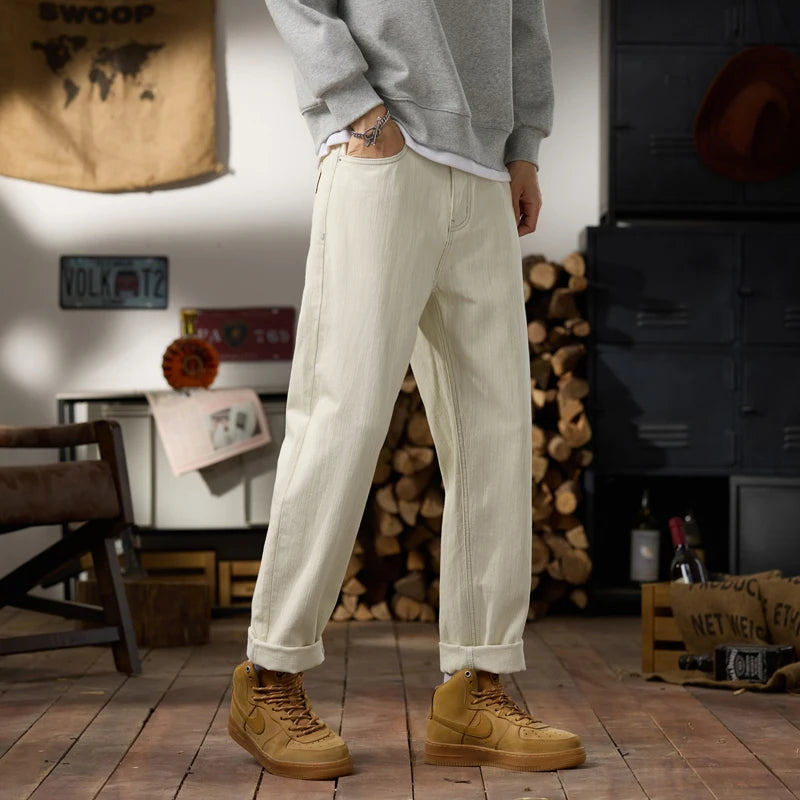 men classic fashion vintage loose casual plus size 28 42 ankle length white soft denim jeans pant cityboy harem jeans trousers stacked flare jeans