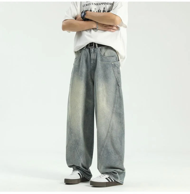 new vintage men s patchwork baggy jeans draped straight leg denim trousers autumn korean fashion high street casual y2k jean unique jeans style 532