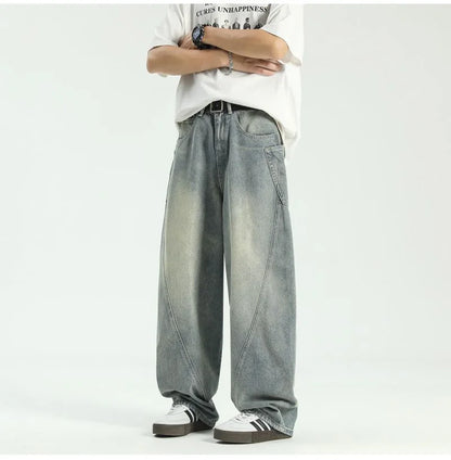 new vintage men s patchwork baggy jeans draped straight leg denim trousers autumn korean fashion high street casual y2k jean unique jeans style 532