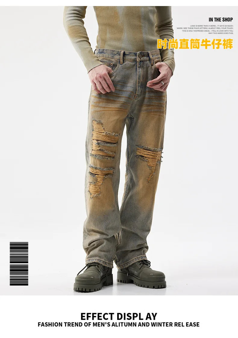 men patch hole distressed plus size denim pant ripped jeans streetwear fashion hip hop vibe loose casual baggy jeans trousers 40 unique jeans style 3076