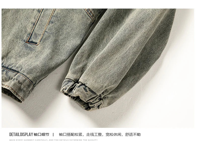 high street vintage washed denim jacket men american style embroidery label stand collar ruffian handsome motorcycle jeans coats unique jeans style 5394