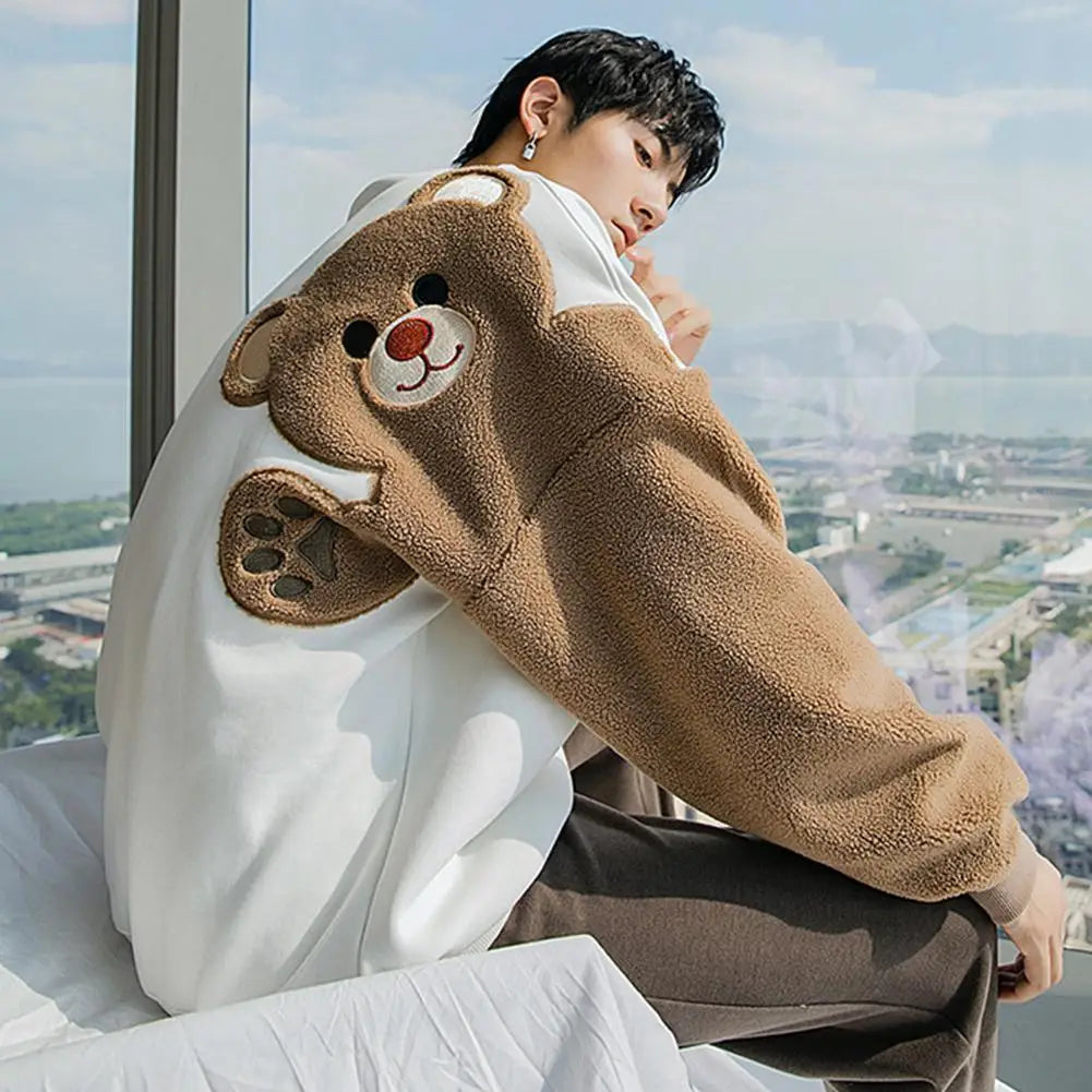 Long-sleeved Round Neck Sweater Lamb Hair Embroidery Flocking Sweater Loose Warm Winter Men's Bear Street King Limited