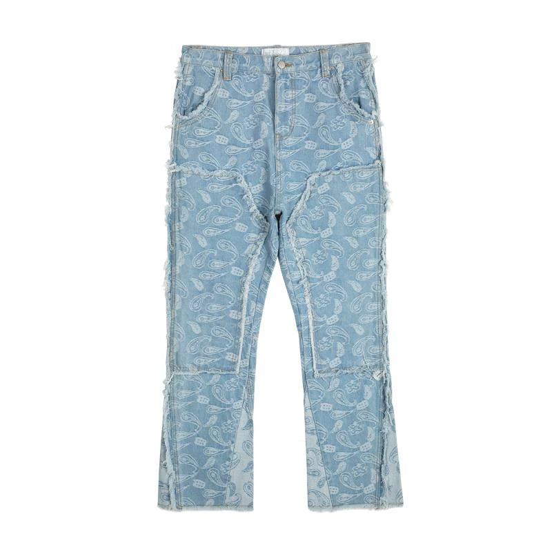 men distressed ripped patchwork paisley denim jean trouser fashion zipper biker jeans streetwear flare pants loose joggers jeans unique joggers style 4013