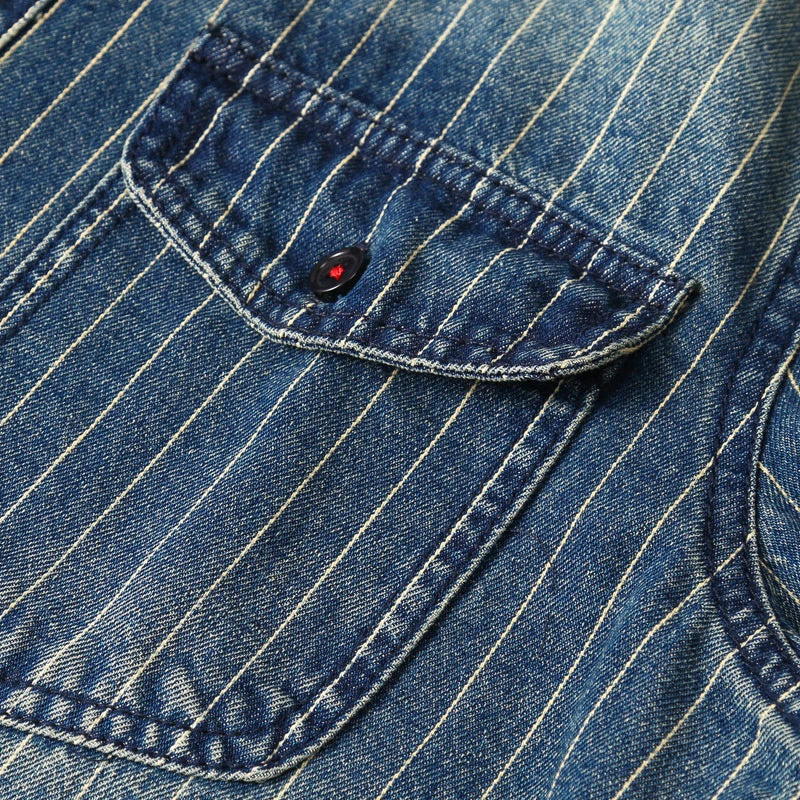 Amekaji VIntage Denim Shirt Men Spring Autumn New Lapel Multi-pocket Blue Striped Long Sleeve Cargo Shirt  Casual Cardigan Tops Street King Limited