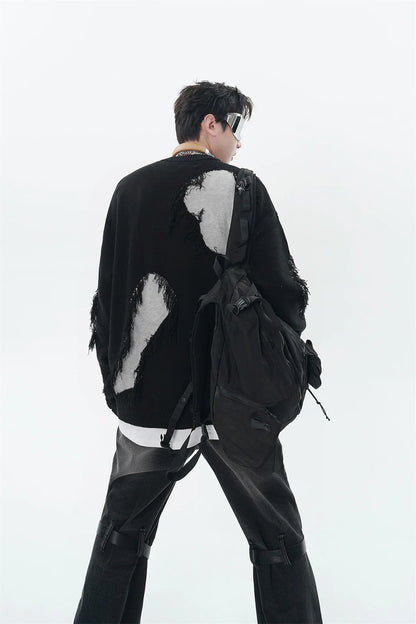 Mens Knitted Sweater Fashion Tassel Irregular Block Pullovers Casual O-neck Unisex Harajuku Y2k Streetwear Loose Knit Jumpers Street King Limited
