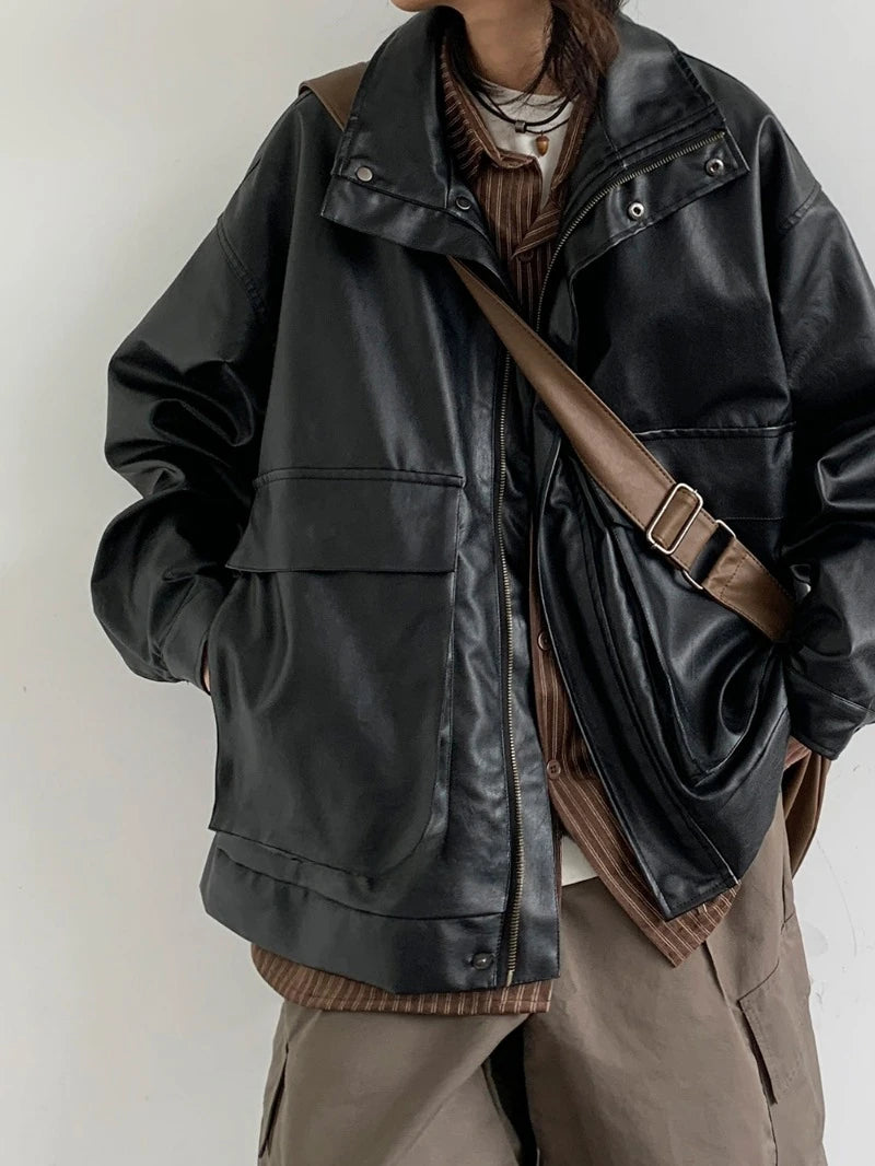 japanese spring pu leather jacket mens high street black profile tooling pilot jacket loose standing collar motorcycle outwear unique default style 2079