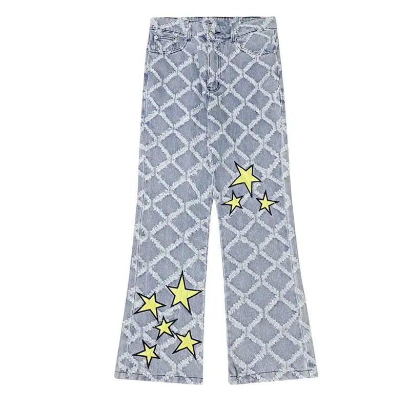 Y2K Star Embroidery Plaid Stacked Jeans Pants for Men Straight Women Hip Hop Denim Trousers Pantalon Homme Street Raw Edge Pant Street King Limited