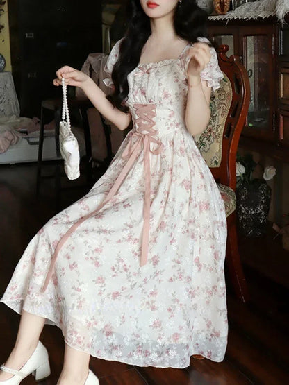 Summer Dress Y2k Floral Puff Sleeve Dress for Woman Robe Sexy Lace Up Side Split Chic Mid-Calf Aesthetic Dress Sexy Bodycon Robe Street King Limited