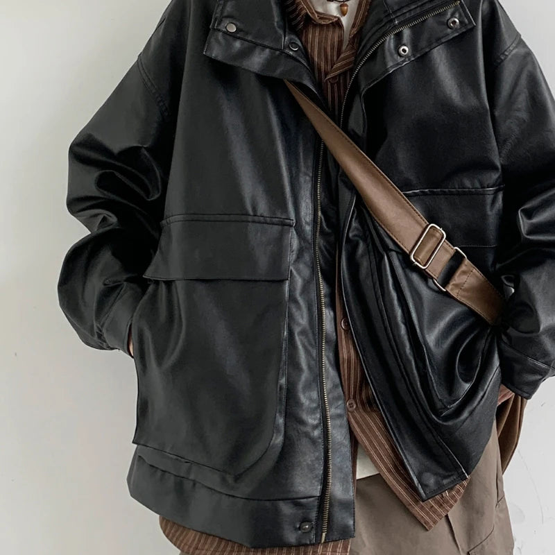 japanese spring pu leather jacket mens high street black profile tooling pilot jacket loose standing collar motorcycle outwear unique default style 2061