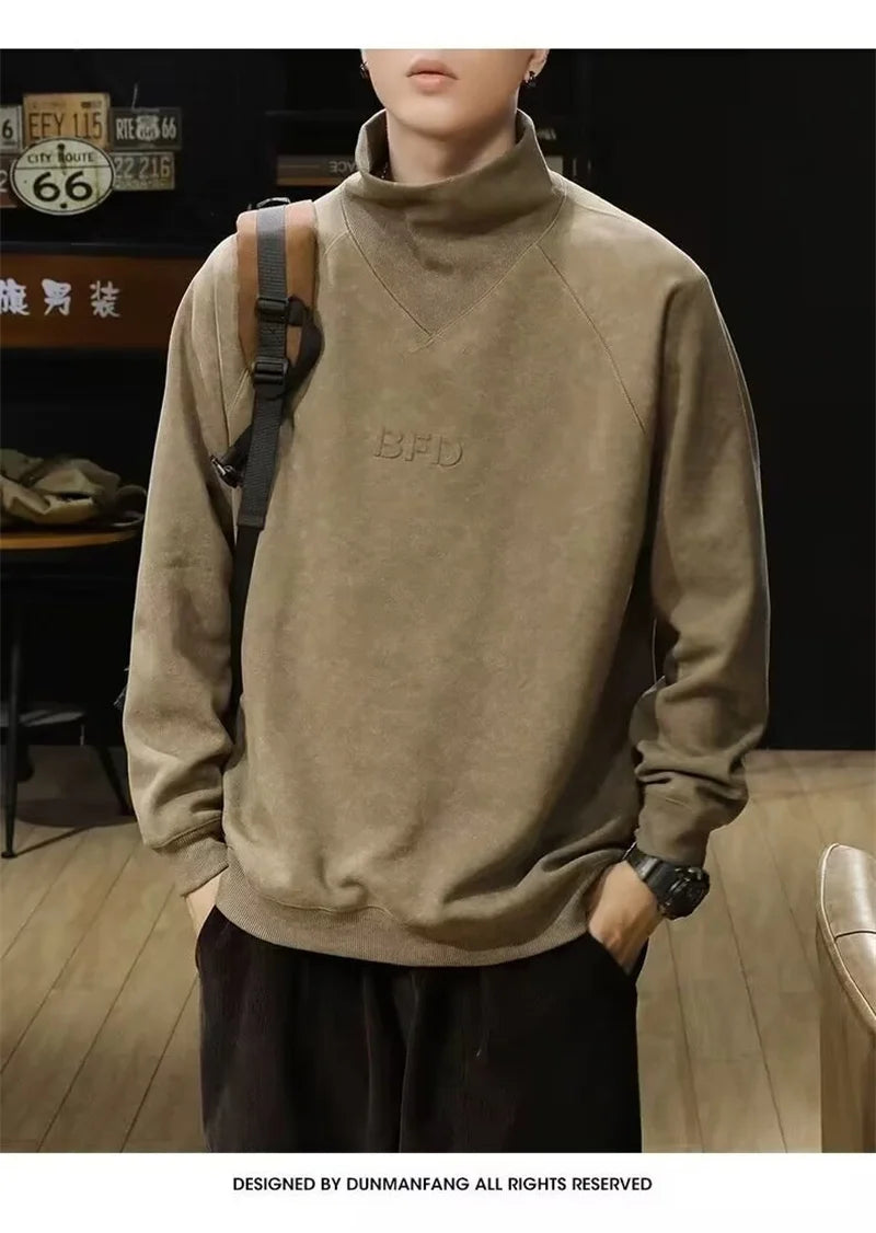 Autumn Suede Turtleneck Long Sleeve Sweatshirts Men Letter Foam Print Patchwork Crewneck Pullover Hoodie Y2K Streetwear Clothes Street King Limited