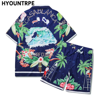 2 Pieces Sets Harajuku Printed Short Sleeves Shirts and Elastic Waist Shorts Joggers Summer Beach Streetwear Hip Hop Mens Sets Street King Limited