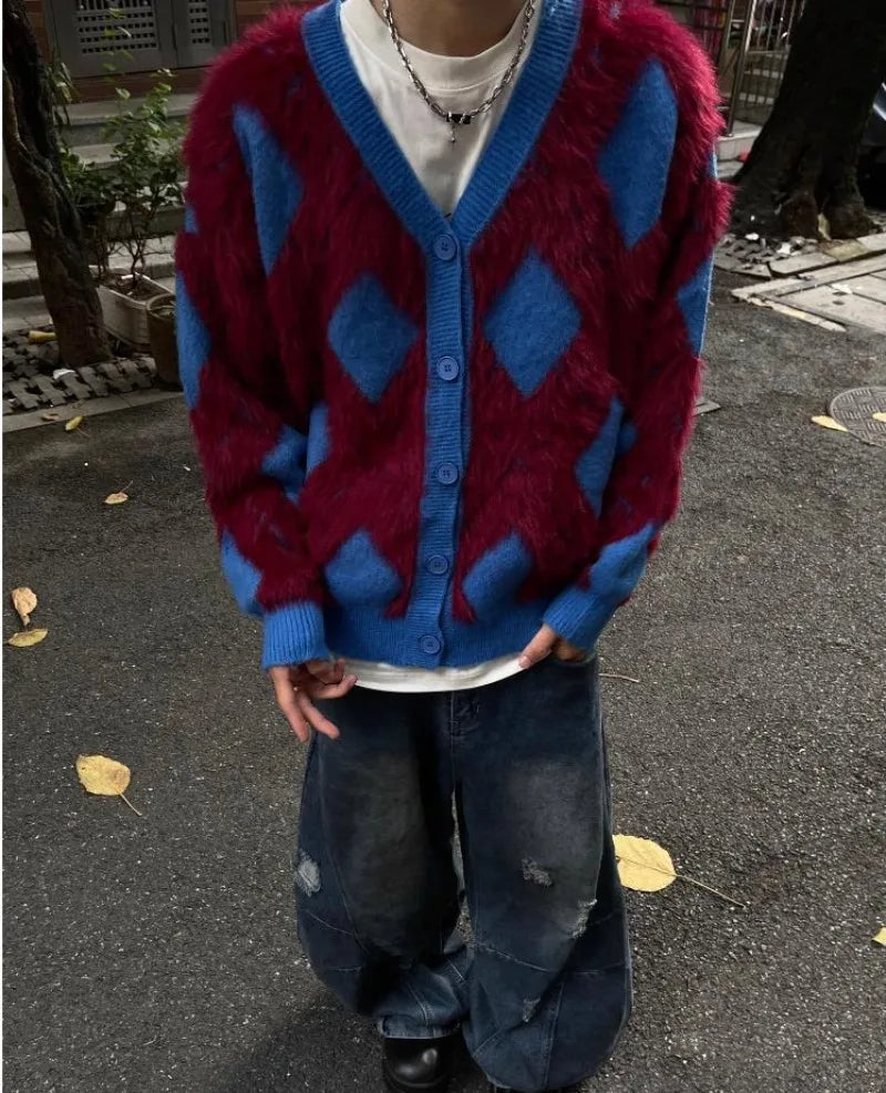 2024 New College Casual Mens Cardigan Autumn Diamond Grid Color Block Street Unisex Knitted Jacket Loose V-neck Sweater Coats Street King Limited