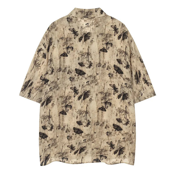 Men Shirts Vintage Butterfly Print Oversized Short Sleeve Shirt Coat Summer Japanese Retro Harajuku Casual Apricot Blouse Unisex Street King Limited