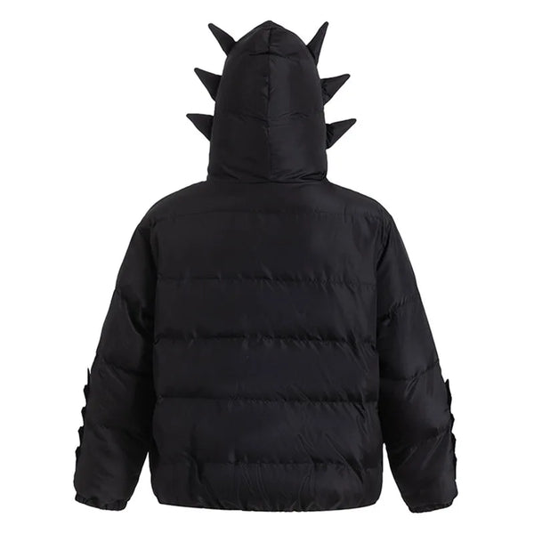 Men Black Down Jackets Winter Full Zipper Parkas Devil Horn Pattern Hooded Coat Harajuku Embroidery High Street Casual Outwear Street King Limited