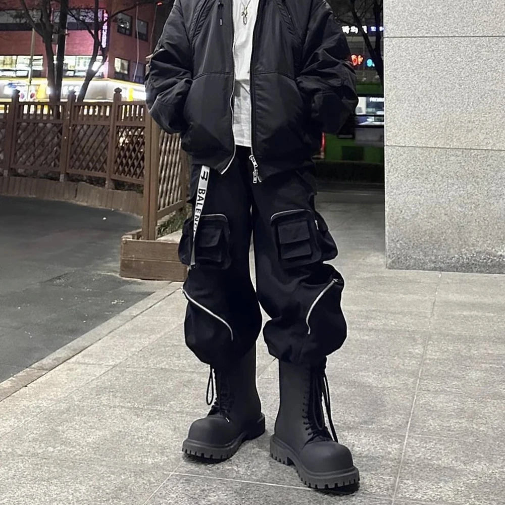 high street multi pokcets functional wide leg cargo pants unisex black straight baggy y2k overalls oversized loose trousers unique cargo style 424