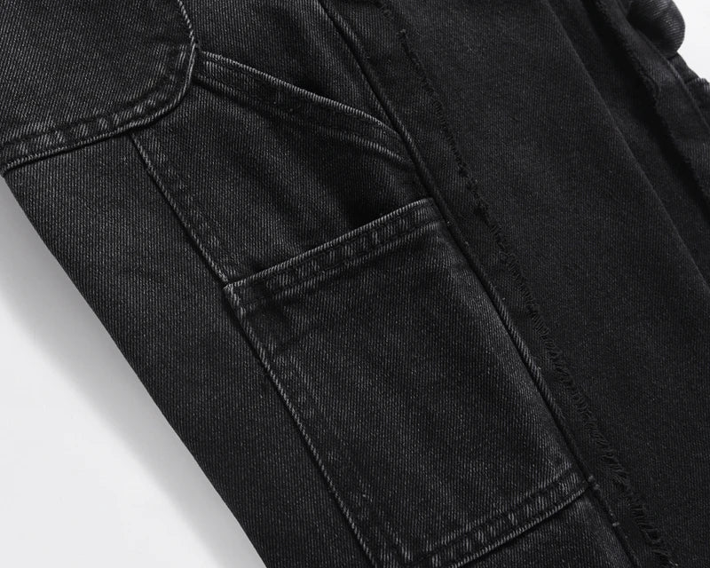 high street patchwork ripped black jeans pants for men straight retro casual sashes pockets denim trousers oversized loose jean unique jeans style 2831