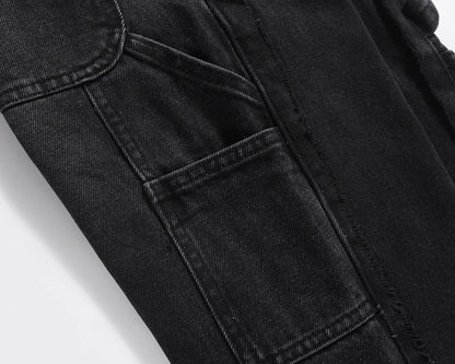 high street patchwork ripped black jeans pants for men straight retro casual sashes pockets denim trousers oversized loose jean unique jeans style 2831