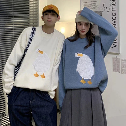 Men Harajuku Sweater Cartoon Duck Goose Embroidery Knitted Pullover Japanese College Style O-Neck Jumper Unisex Spring Autunm Street King Limited