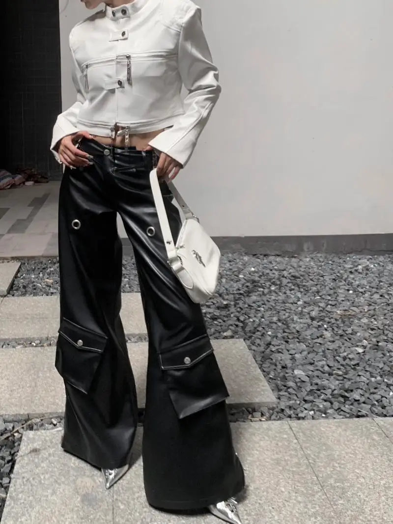 european and american heavy industry multi zipper design spider web shoulder pad leather jacket for women 2024 new jacket top unique default style 1579