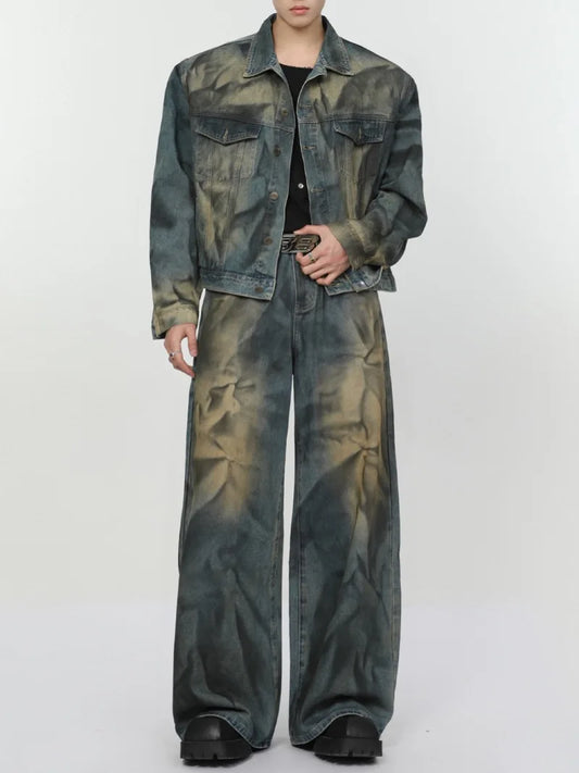 2 pieces sets mens fashion dirty graffiti wide shouder denim jeans jacket coat and wide legs pants joggers new streetwear sets streetwear sweatpants
