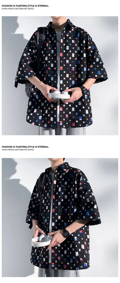 Summer Short Sleeved Shirt Men Fashion Retro Hollowed Out Shirt Men Streetwear Loose Colored Plaid Shirt Mens Large Size M-5XL Street King Limited