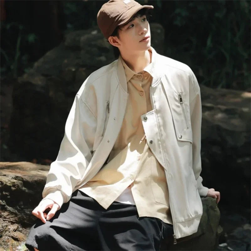 autumn mens zipper bomber jackets aesthetic vintage casual baseball uniform design hip hop street fashion techwear jacket man relaxed fit trousers
