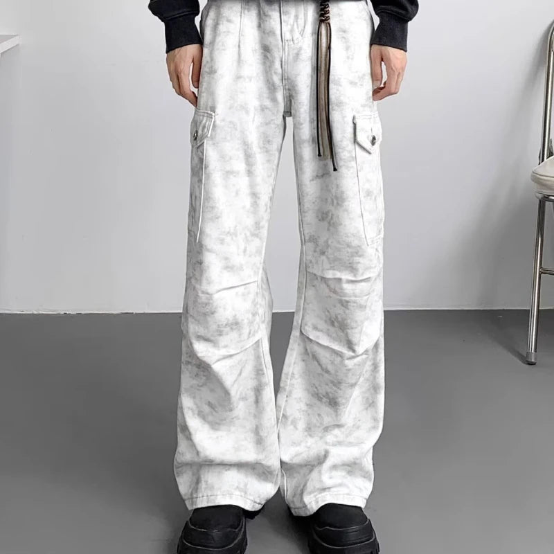 American Tie Dye Cargo Pants Mens Autumn Vintage High Street Straight Leg Trousers Casual Multi Pocket Loose Overalls Male Street King Limited