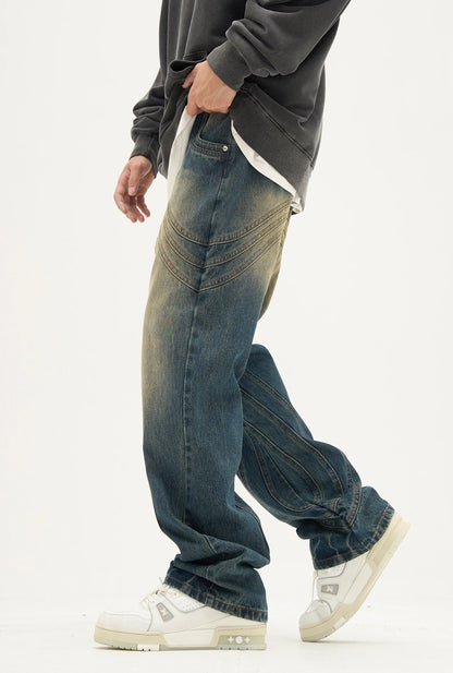 mens retro washed denim jeans loose straight pants 2023 new fashion streetwear trousers hip hop casual zipper jean pants joggers unique joggers style 1483
