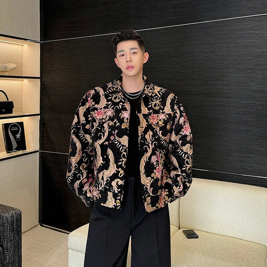 men palace style retro jacquard flower fashion show loose jacket man party dress vintage coat costumes spring autumn clothes menswear bottoms