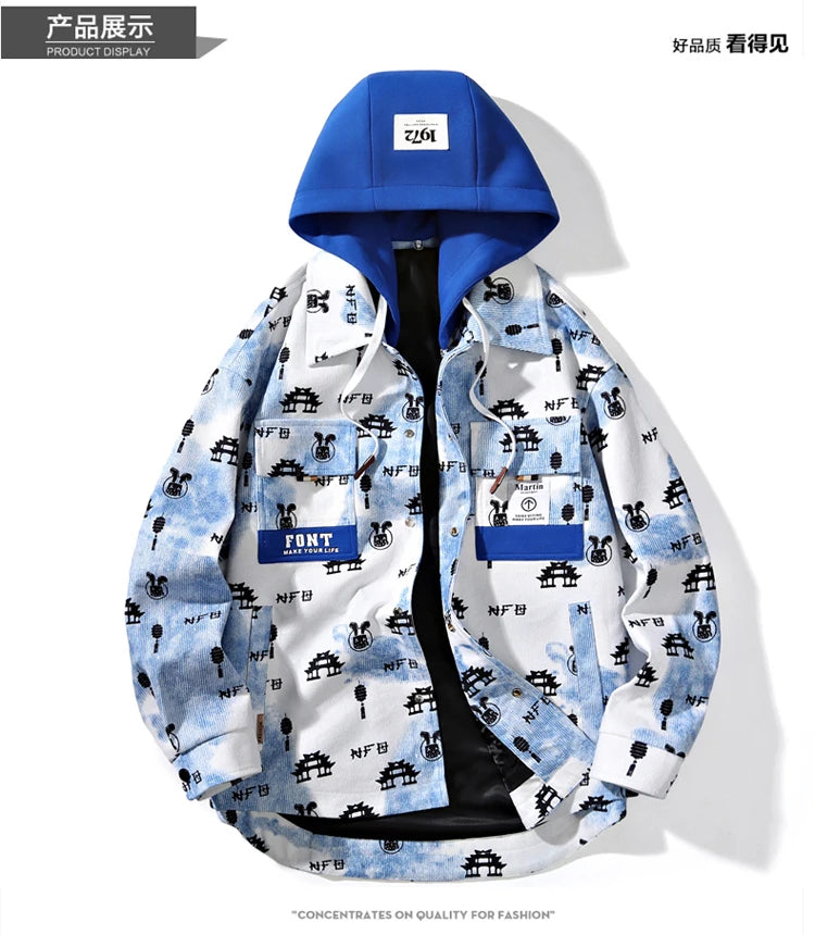 full print jackets for men spring autumn new colour clash hooded coat chest pockets design y2k jackets large size hip hop unique default style 5861