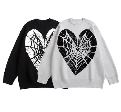 Hip Hop Knitted Sweater Men Winter O-neck Anime Spider Web Pattern Pullover Streetwear Casual Loose Sweater Warm Jumper Knitwear Street King Limited